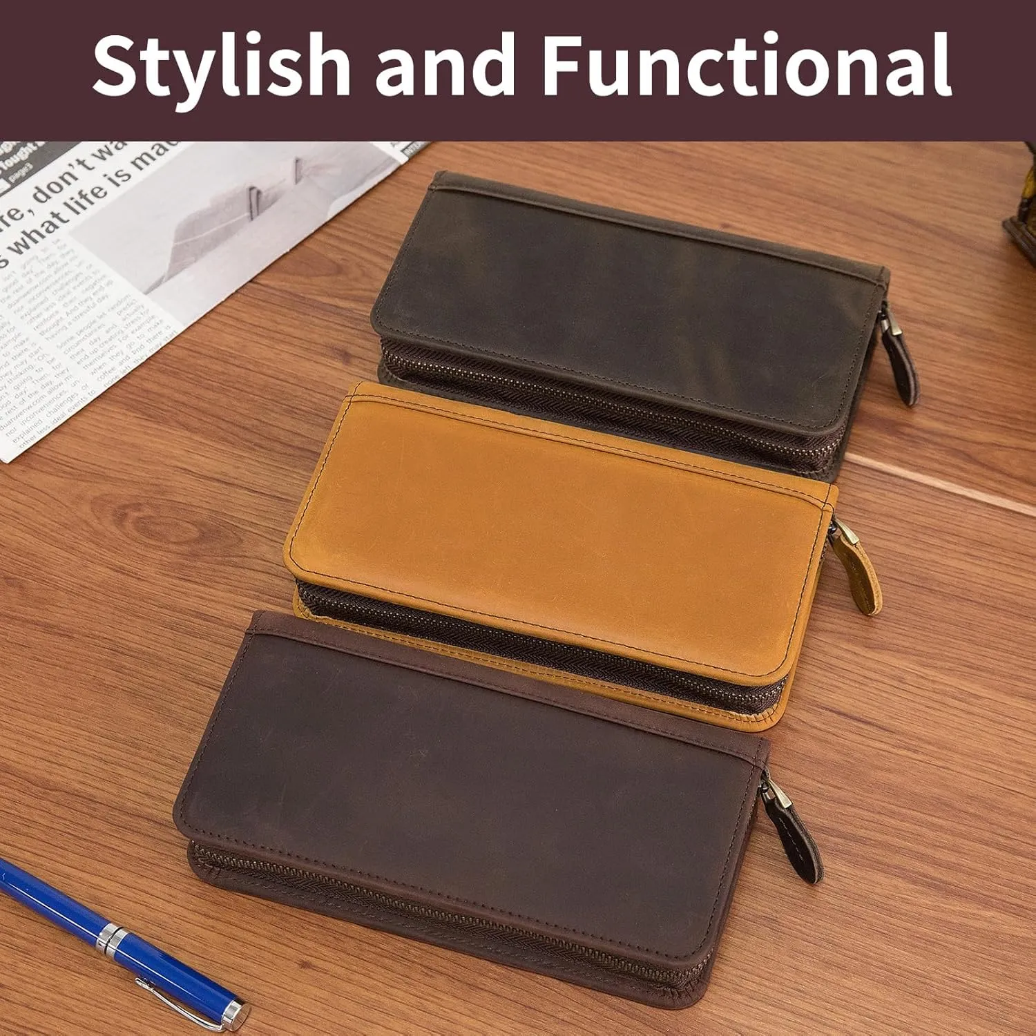 Personalized Genuine Leather Fountain Pen Case - Custom Engraved Zippered Ballpoint Pen Pouch Bag with 4 Loops Holder, Inside Open Slot, Handmade Soft Cowhide Gift for Men and Women, Brown