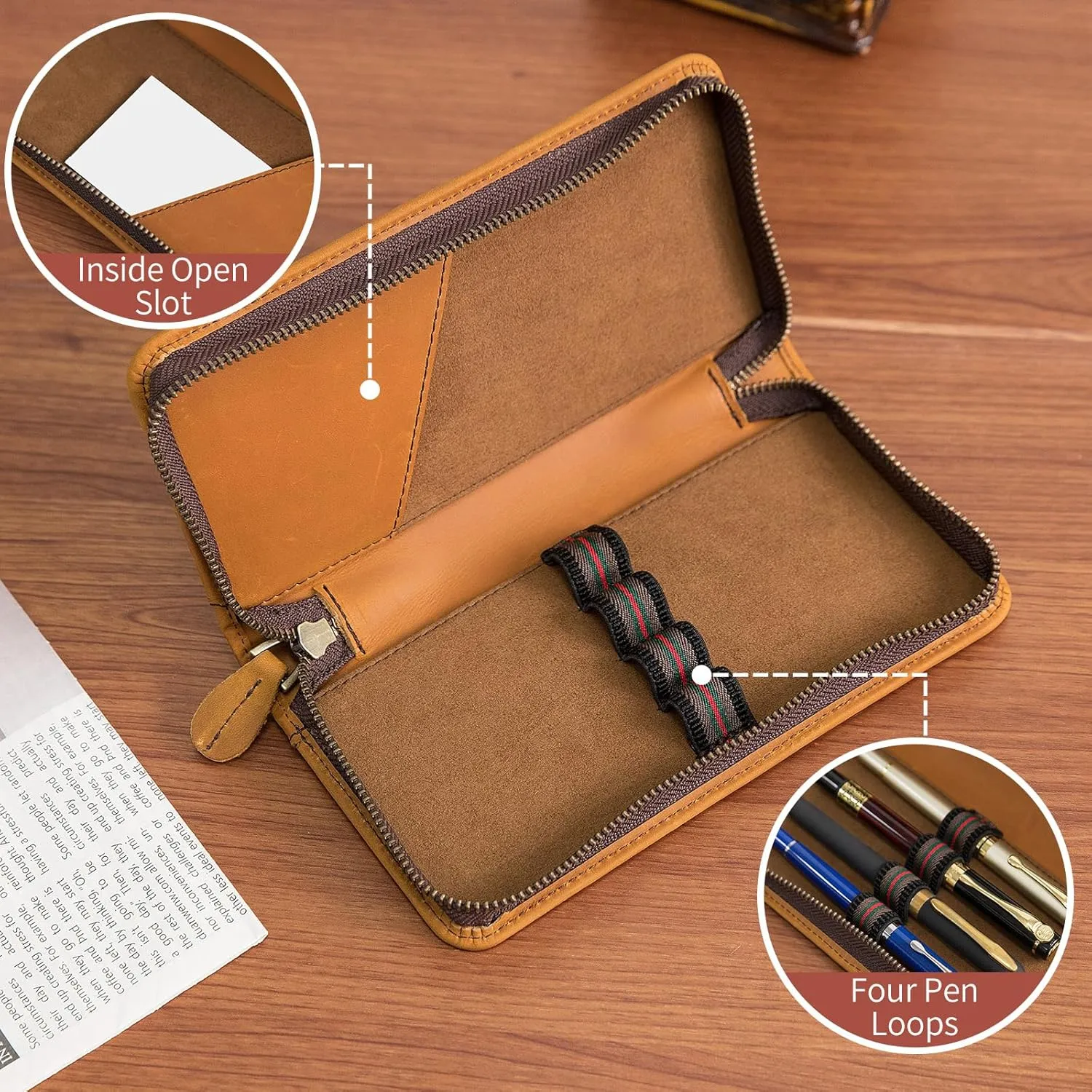 Personalized Genuine Leather Fountain Pen Case - Custom Engraved Zippered Ballpoint Pen Pouch Bag with 4 Loops Holder, Inside Open Slot, Handmade Soft Cowhide Gift for Men and Women, Brown
