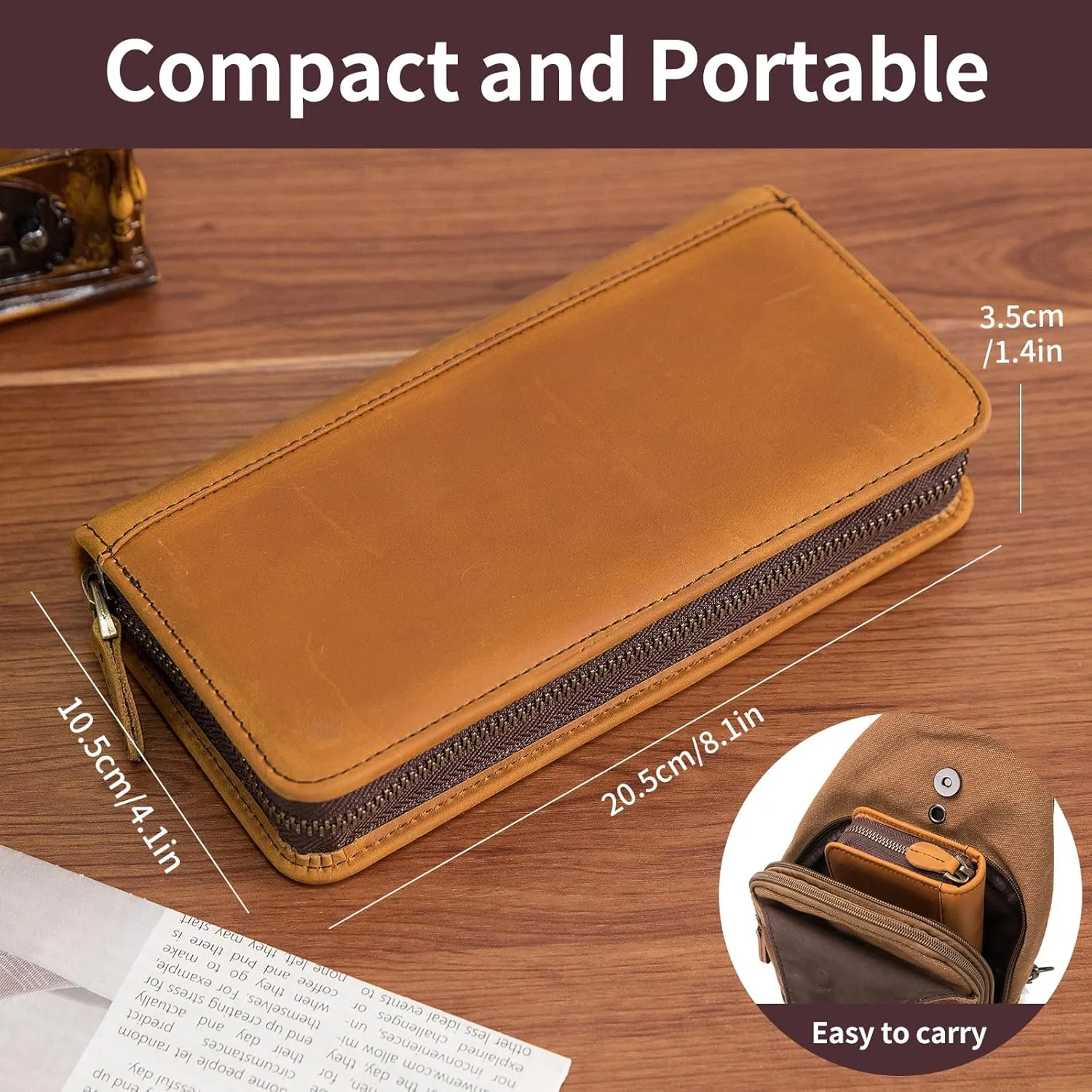 Personalized Genuine Leather Fountain Pen Case - Custom Engraved Zippered Ballpoint Pen Pouch Bag with 4 Loops Holder, Inside Open Slot, Handmade Soft Cowhide Gift for Men and Women, Brown