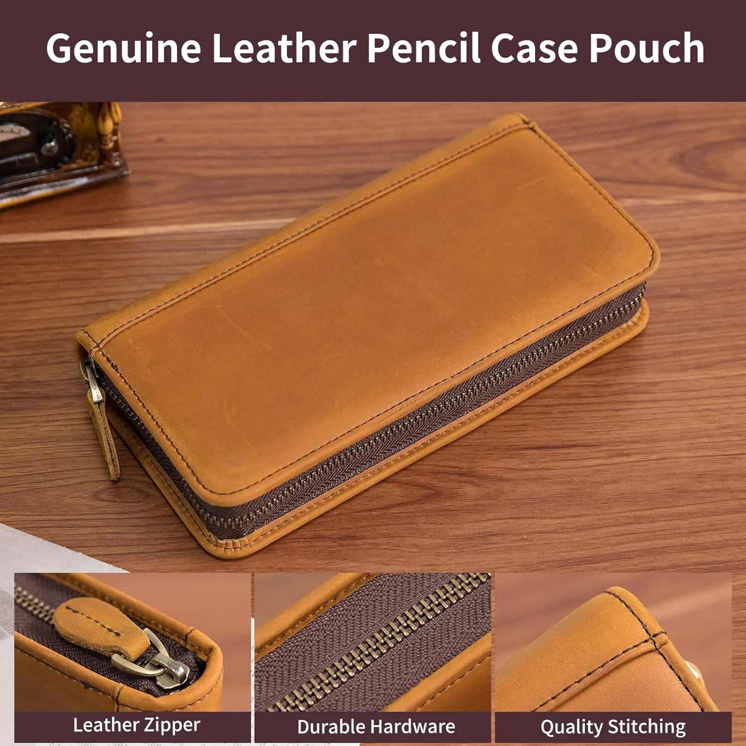 Personalized Genuine Leather Fountain Pen Case - Custom Engraved Zippered Ballpoint Pen Pouch Bag with 4 Loops Holder, Inside Open Slot, Handmade Soft Cowhide Gift for Men and Women, Brown
