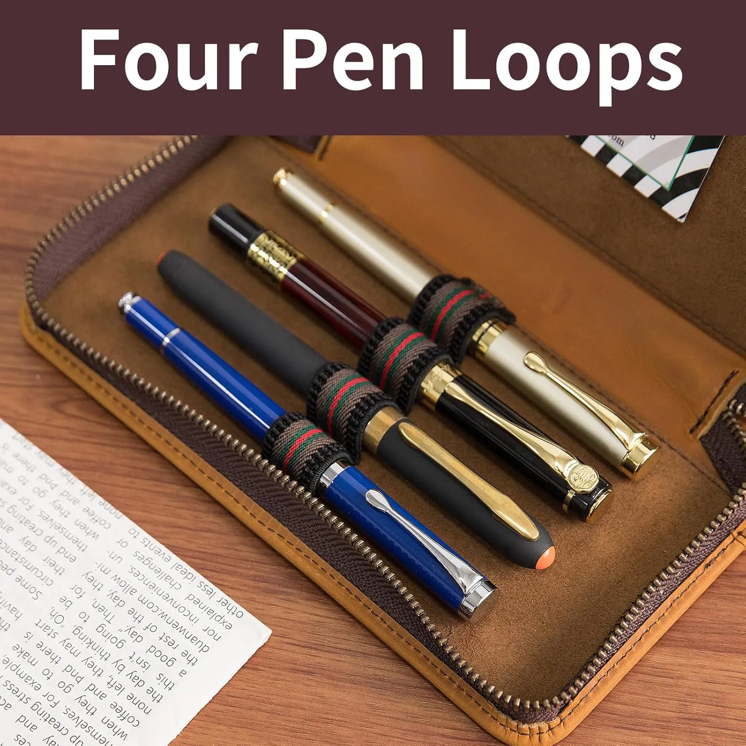 Personalized Genuine Leather Fountain Pen Case - Custom Engraved Zippered Ballpoint Pen Pouch Bag with 4 Loops Holder, Inside Open Slot, Handmade Soft Cowhide Gift for Men and Women, Brown