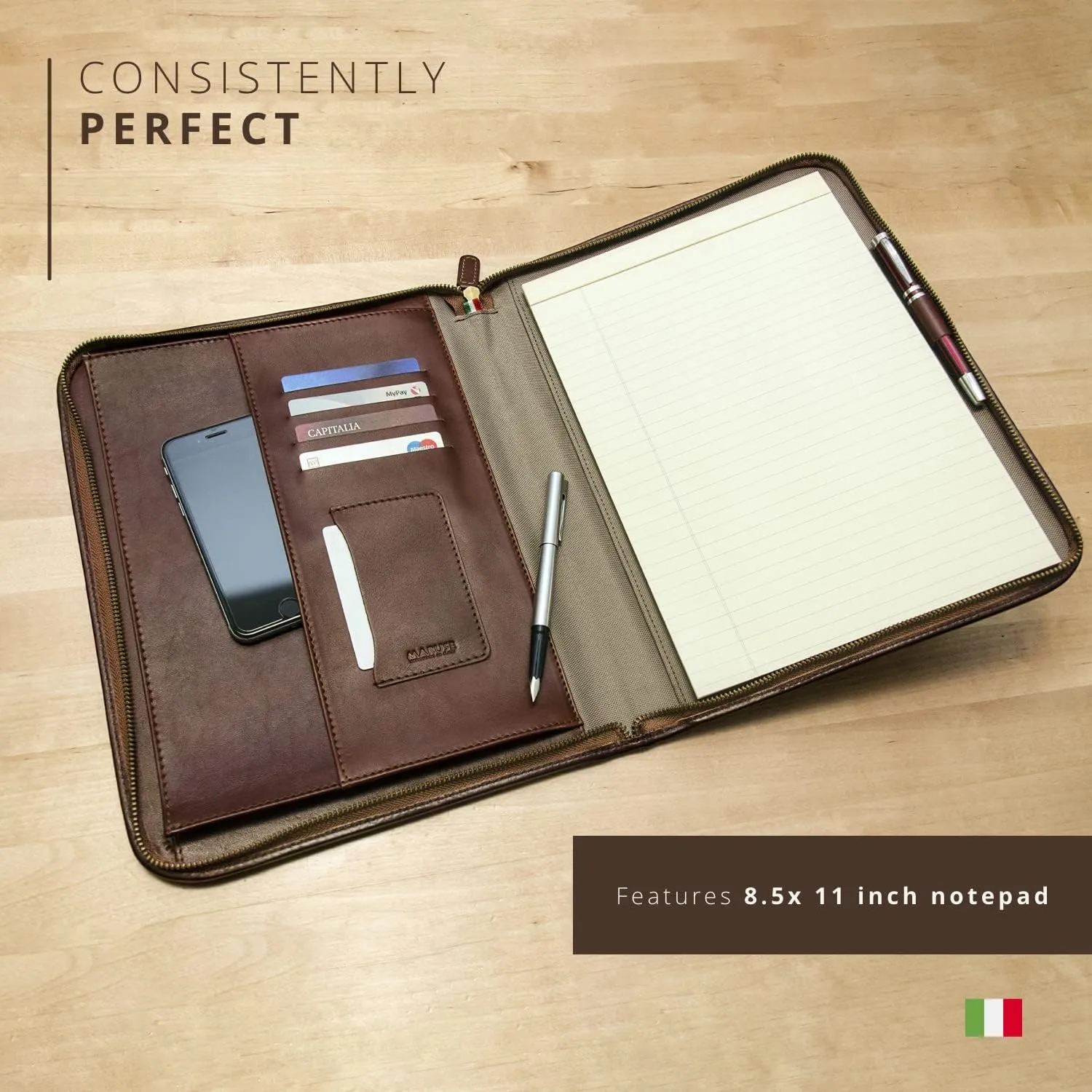 Personalized Maruse Leather Portfolio Padfolio - Executive Folio for Men and Women with Zipper, Folio Document Organizer, Laptop Sleeve, iPad Case and Folder - Made in Italy, Monogram Brown