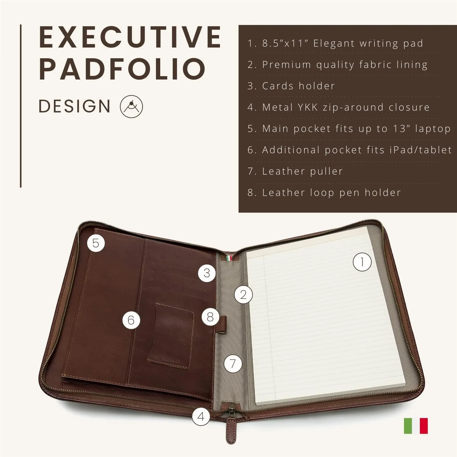 Personalized Maruse Leather Portfolio Padfolio - Executive Folio for Men and Women with Zipper, Folio Document Organizer, Laptop Sleeve, iPad Case and Folder - Made in Italy, Monogram Brown