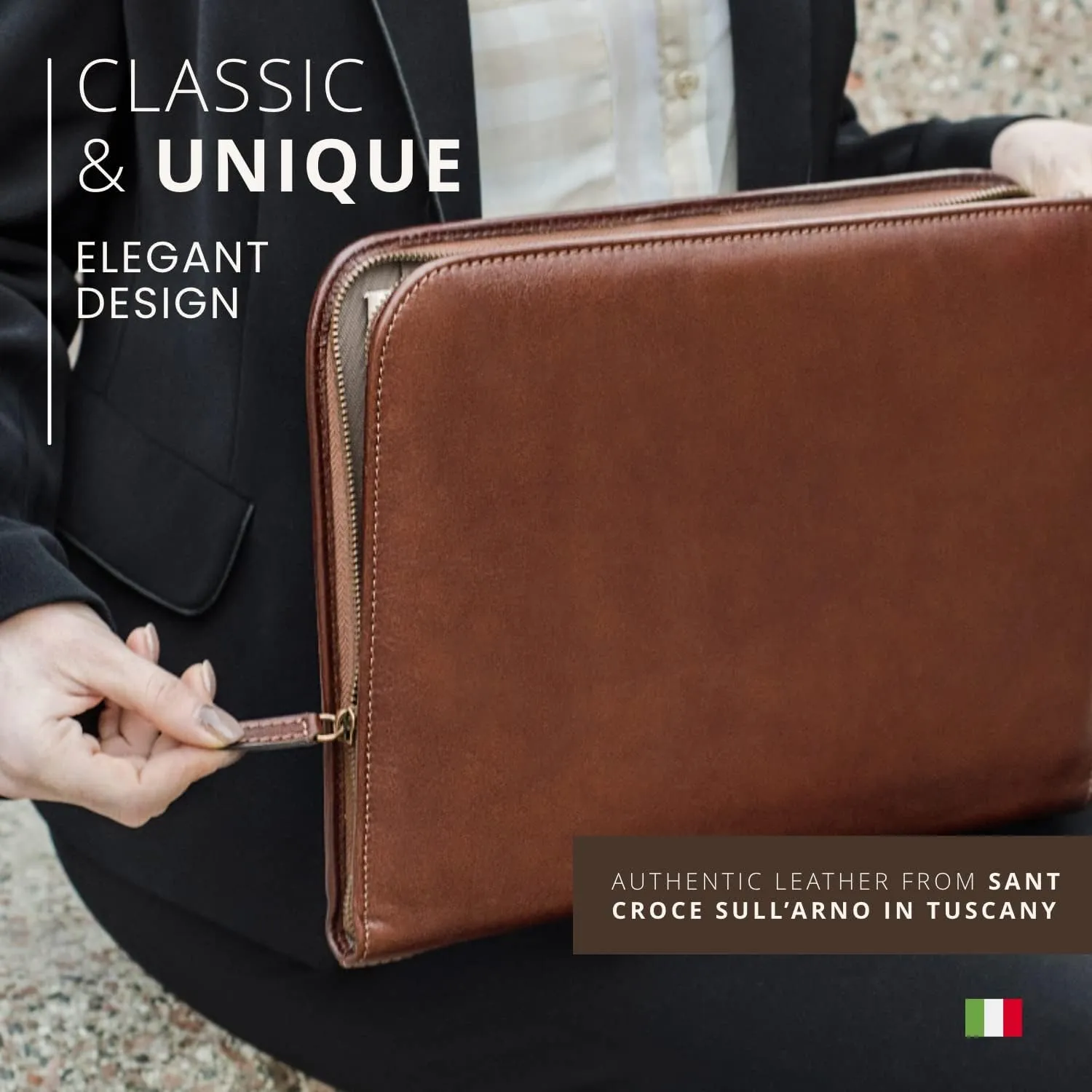 Personalized Maruse Leather Portfolio Padfolio - Executive Folio for Men and Women with Zipper, Folio Document Organizer, Laptop Sleeve, iPad Case and Folder - Made in Italy, Monogram Brown