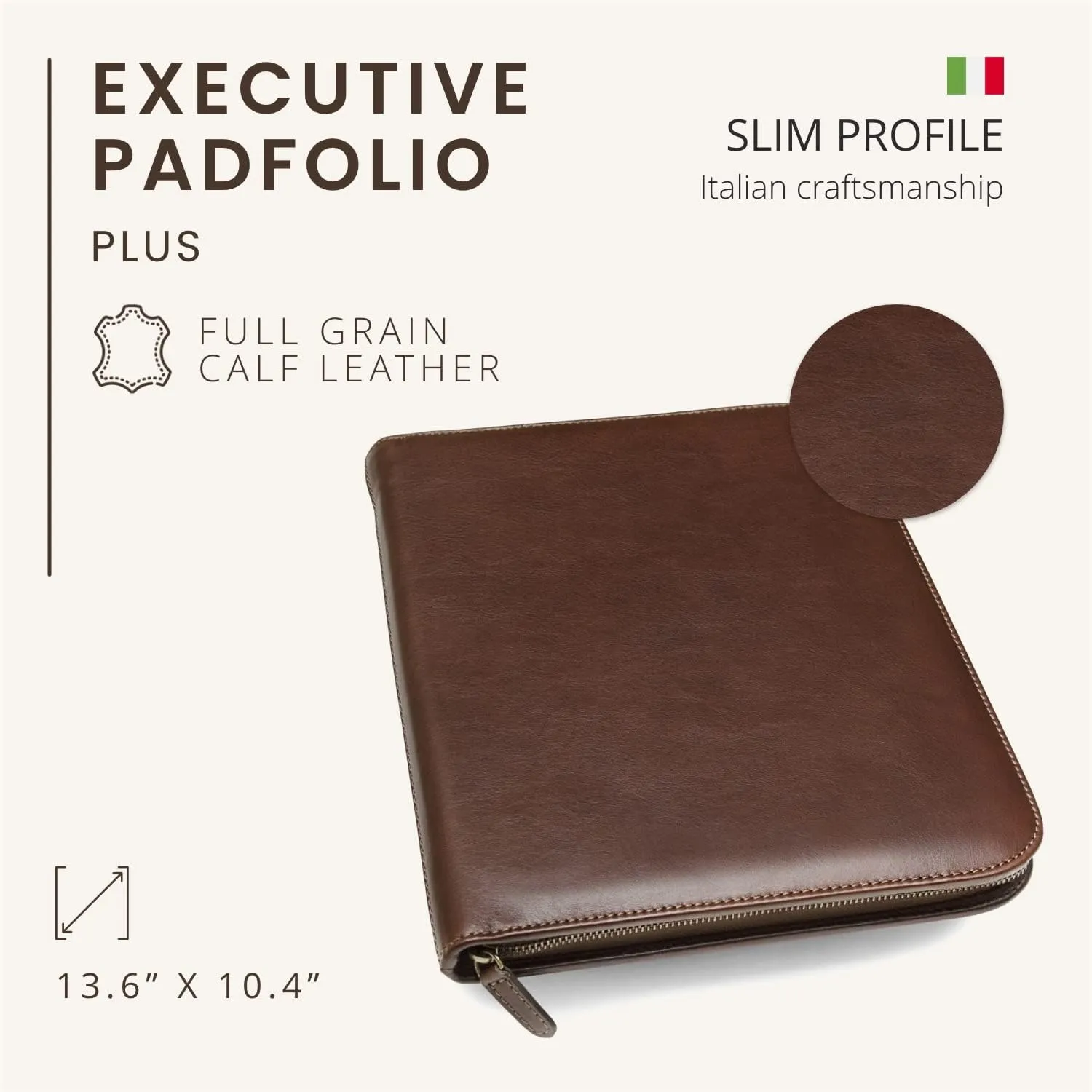 Personalized Maruse Leather Portfolio Padfolio - Executive Folio for Men and Women with Zipper, Folio Document Organizer, Laptop Sleeve, iPad Case and Folder - Made in Italy, Monogram Brown