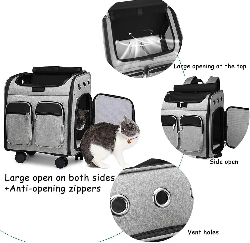 Pet Carrier Backpack Pet Stroller, Wheeled Cat Carrier Backpacks 28 Lb for Small Dogs Puppy and Medium Cats, Flax Breathable Mesh Ventilation Windows, Pet Bag (Color : Dark Blue)