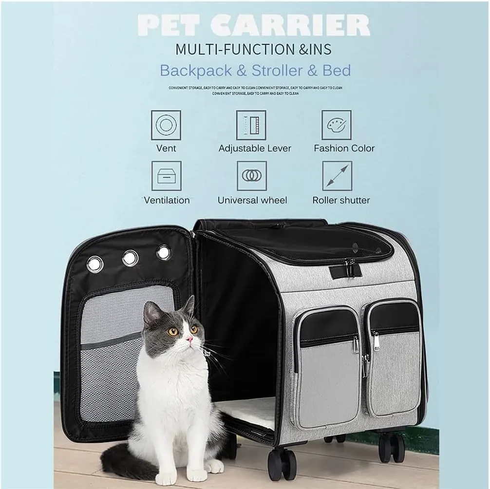 Pet Carrier Backpack Pet Stroller, Wheeled Cat Carrier Backpacks 28 Lb for Small Dogs Puppy and Medium Cats, Flax Breathable Mesh Ventilation Windows, Pet Bag (Color : Dark Blue)