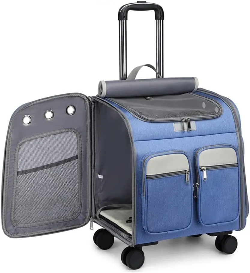 Pet Carrier Backpack Pet Stroller, Wheeled Cat Carrier Backpacks 28 Lb for Small Dogs Puppy and Medium Cats, Flax Breathable Mesh Ventilation Windows, Pet Bag (Color : Dark Blue)