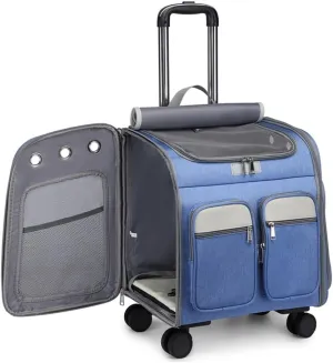 Pet Carrier Backpack Pet Stroller, Wheeled Cat Carrier Backpacks 28 Lb for Small Dogs Puppy and Medium Cats, Flax Breathable Mesh Ventilation Windows, Pet Bag (Color : Dark Blue)