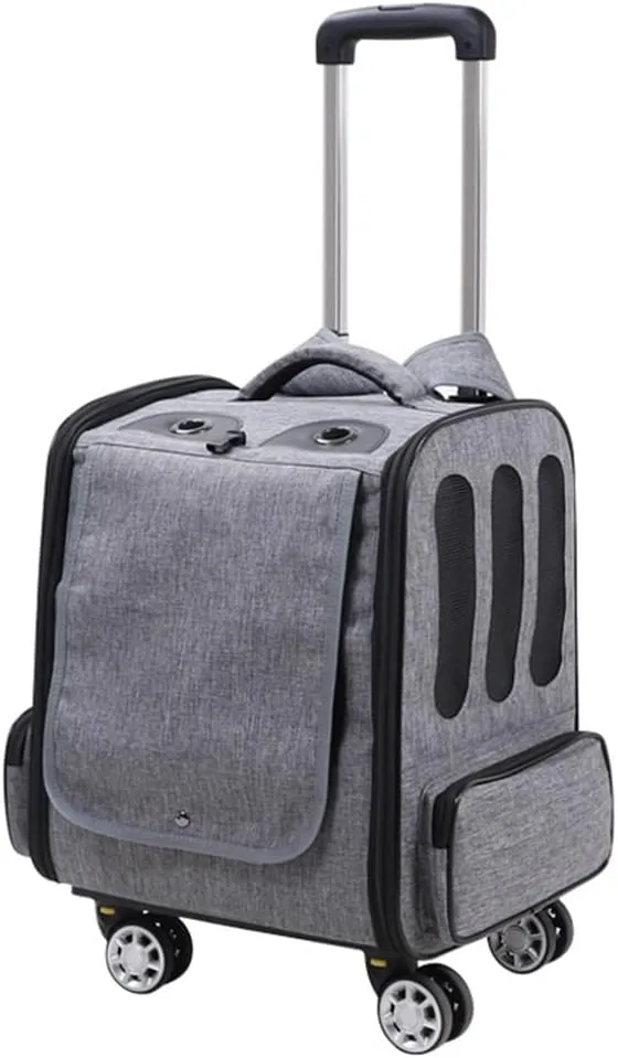 Pet Travel Trolley Cat/Dog Carrier with Swivel Wheels, Pet Backpack Carrier Breathable Dog Transport Box Cat Crate Bag Box Pet Portable Suitcase with Pockets (Gray a