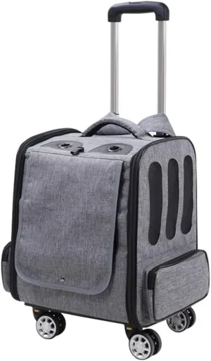 Pet Travel Trolley Cat/Dog Carrier with Swivel Wheels, Pet Backpack Carrier Breathable Dog Transport Box Cat Crate Bag Box Pet Portable Suitcase with Pockets (Gray a