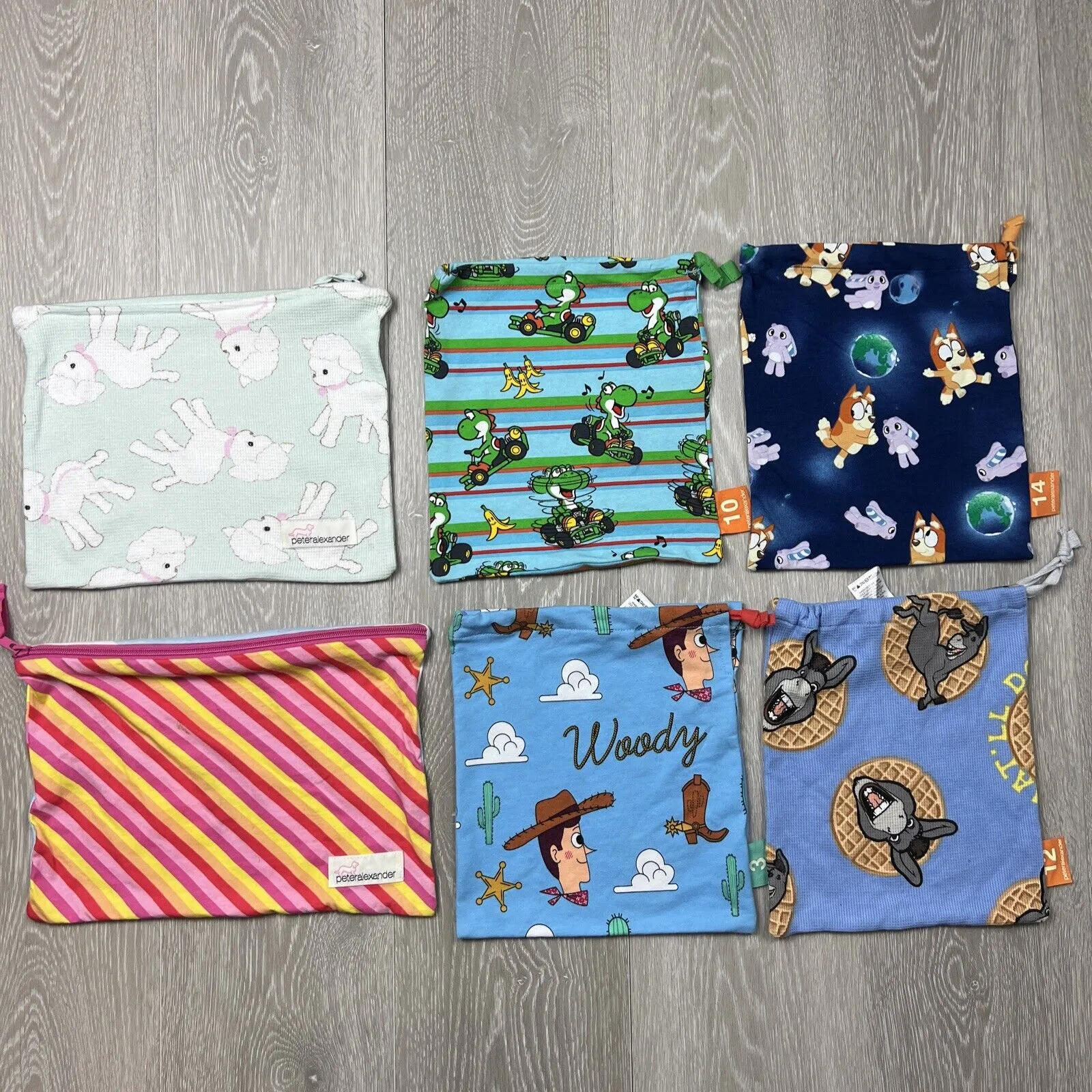 Peter Alexander Pyjama Bag Bundle (Bluey, Yoshi, Woody Toy Story, Shrek Donkey)