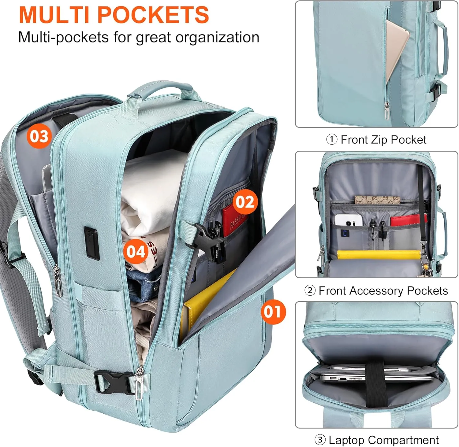 PIJUSHI Travel Backpack for Women Expandable Carry on Backpacks Flight Approved 40L 16 inch Laptop Bag with USB Port(PE034 Blue)