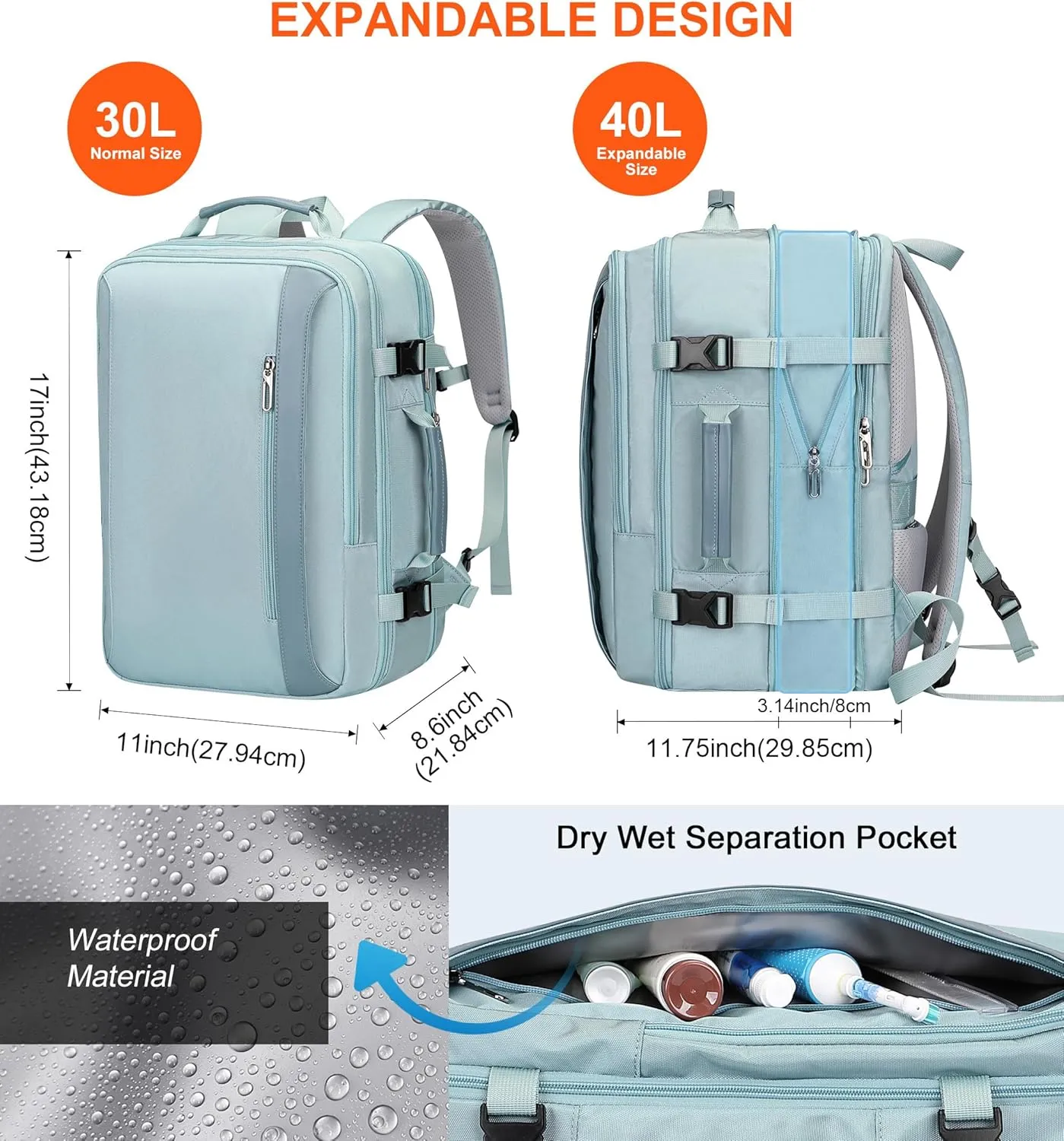 PIJUSHI Travel Backpack for Women Expandable Carry on Backpacks Flight Approved 40L 16 inch Laptop Bag with USB Port(PE034 Blue)
