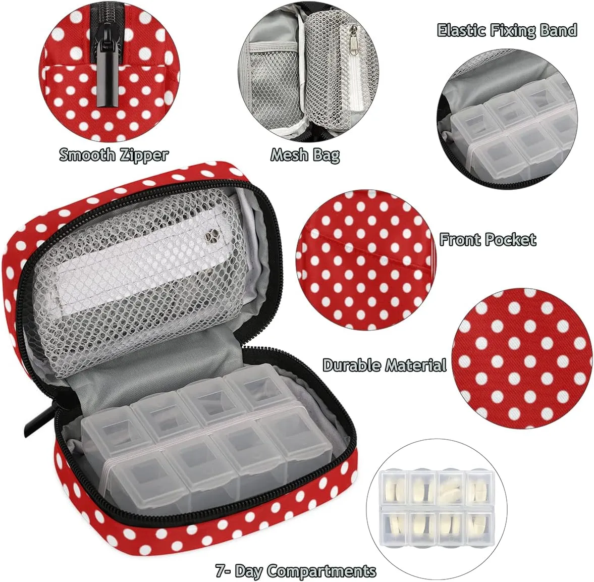 Pill Case Pill Travel Organizer 7 Day Weekly Medicine Pill Box Red and White Dots Small Cute Compact Size Vitamin Container Pill Bottle Portable Birth Control Pill Holder Bag with Zipper