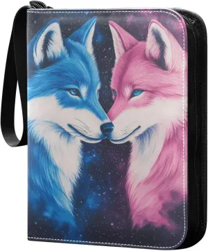 Pink and Blue Wolf Galaxy Oil Painting Cards Binder 4 Pocket Fits 400 Cards with 50 Removable Sleevesves, Trading Card Collector Zipper Album Holder Portable Card Games Display Storage Cases