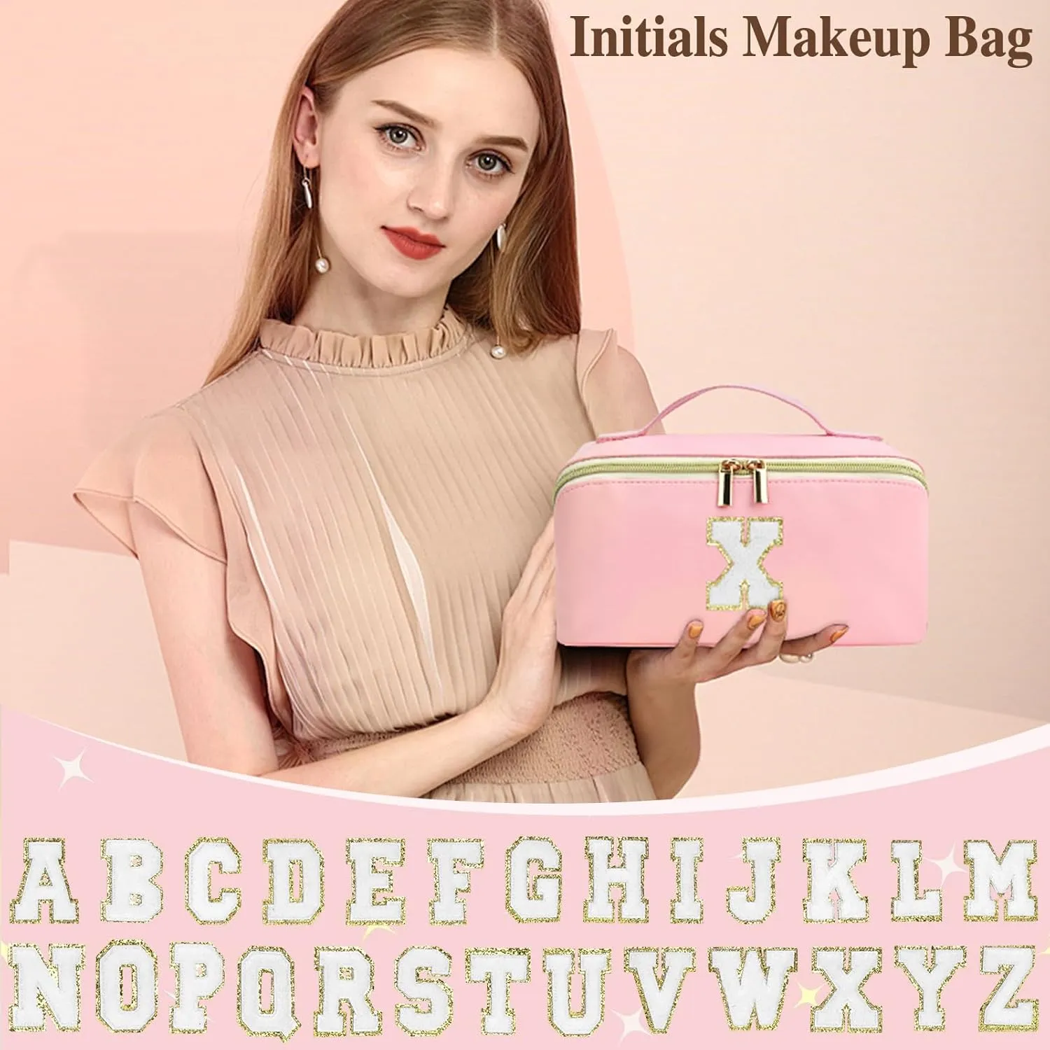 Pink Makeup Bag for Women, PU Leather Travel Toiletry Bags, Initial Make Up Cosmetic Pouch for Teen Girls, Wide Open Portable Skincare Bag, Personalized Birthday Graduation Gifts Ideal, A