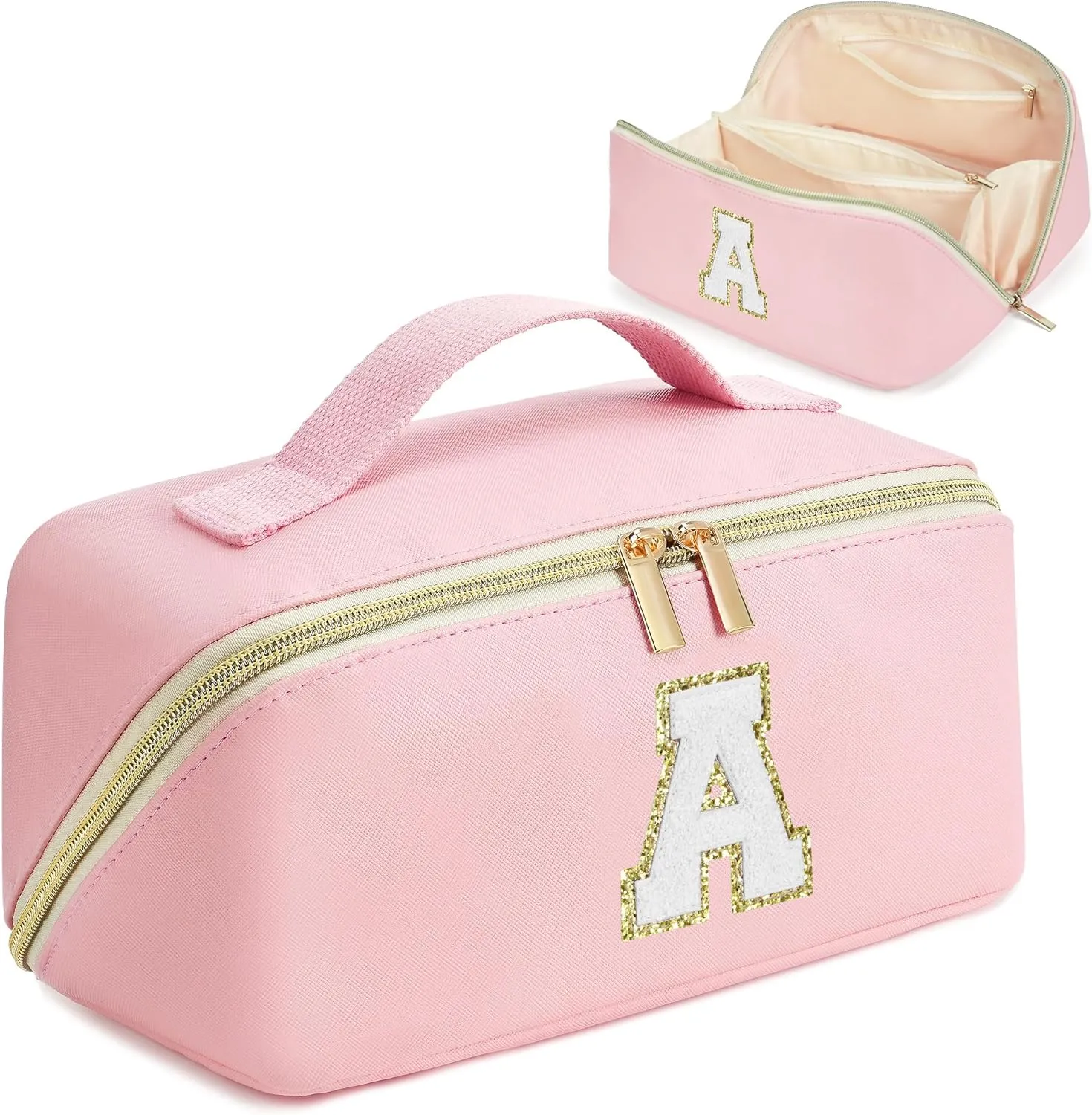 Pink Makeup Bag for Women, PU Leather Travel Toiletry Bags, Initial Make Up Cosmetic Pouch for Teen Girls, Wide Open Portable Skincare Bag, Personalized Birthday Graduation Gifts Ideal, A