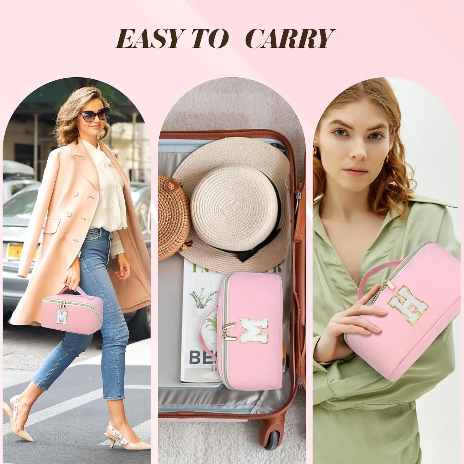 Pink Makeup Bag for Women, PU Leather Travel Toiletry Bags, Initial Make Up Cosmetic Pouch for Teen Girls, Wide Open Portable Skincare Bag, Personalized Birthday Graduation Gifts Ideal, A