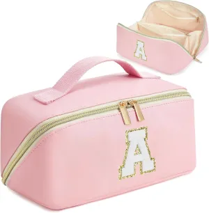Pink Makeup Bag for Women, PU Leather Travel Toiletry Bags, Initial Make Up Cosmetic Pouch for Teen Girls, Wide Open Portable Skincare Bag, Personalized Birthday Graduation Gifts Ideal, A