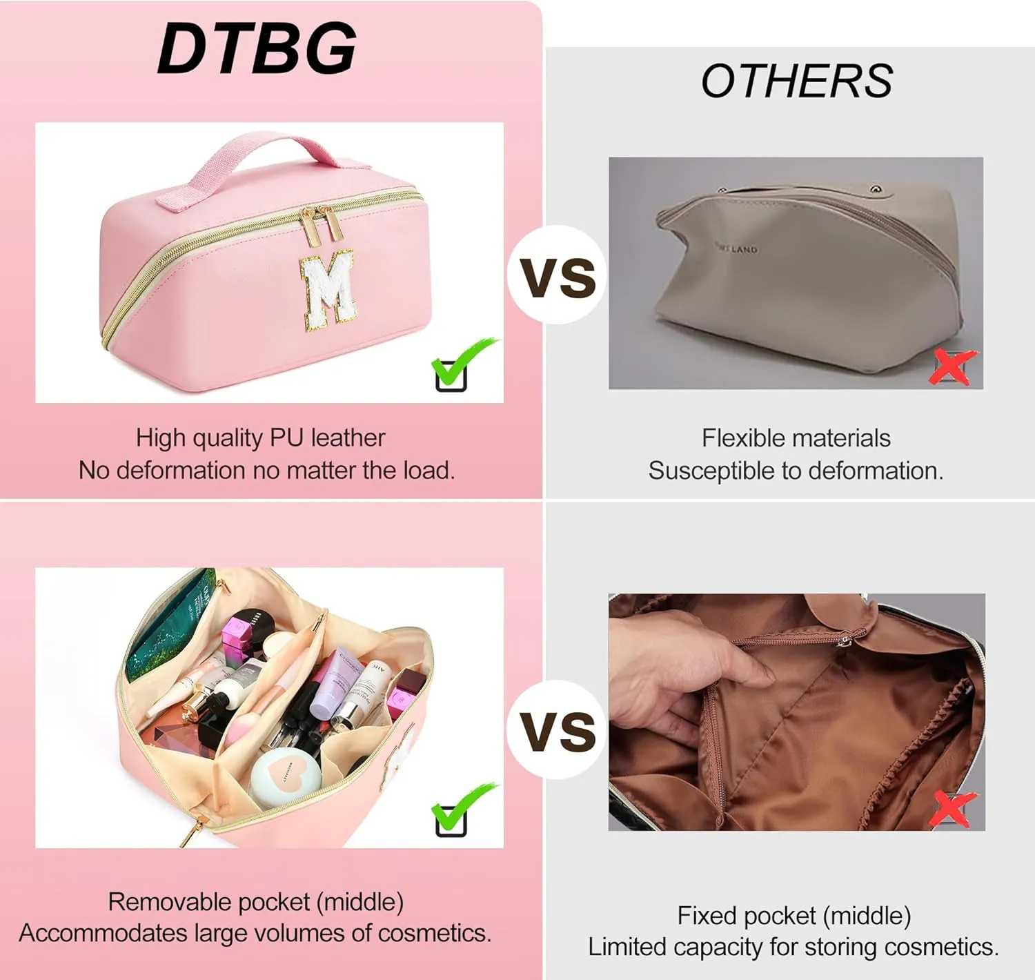 Pink Makeup Bag for Women, PU Leather Travel Toiletry Bags, Initial Make Up Cosmetic Pouch for Teen Girls, Wide Open Portable Skincare Bag, Personalized Birthday Graduation Gifts Ideal, A