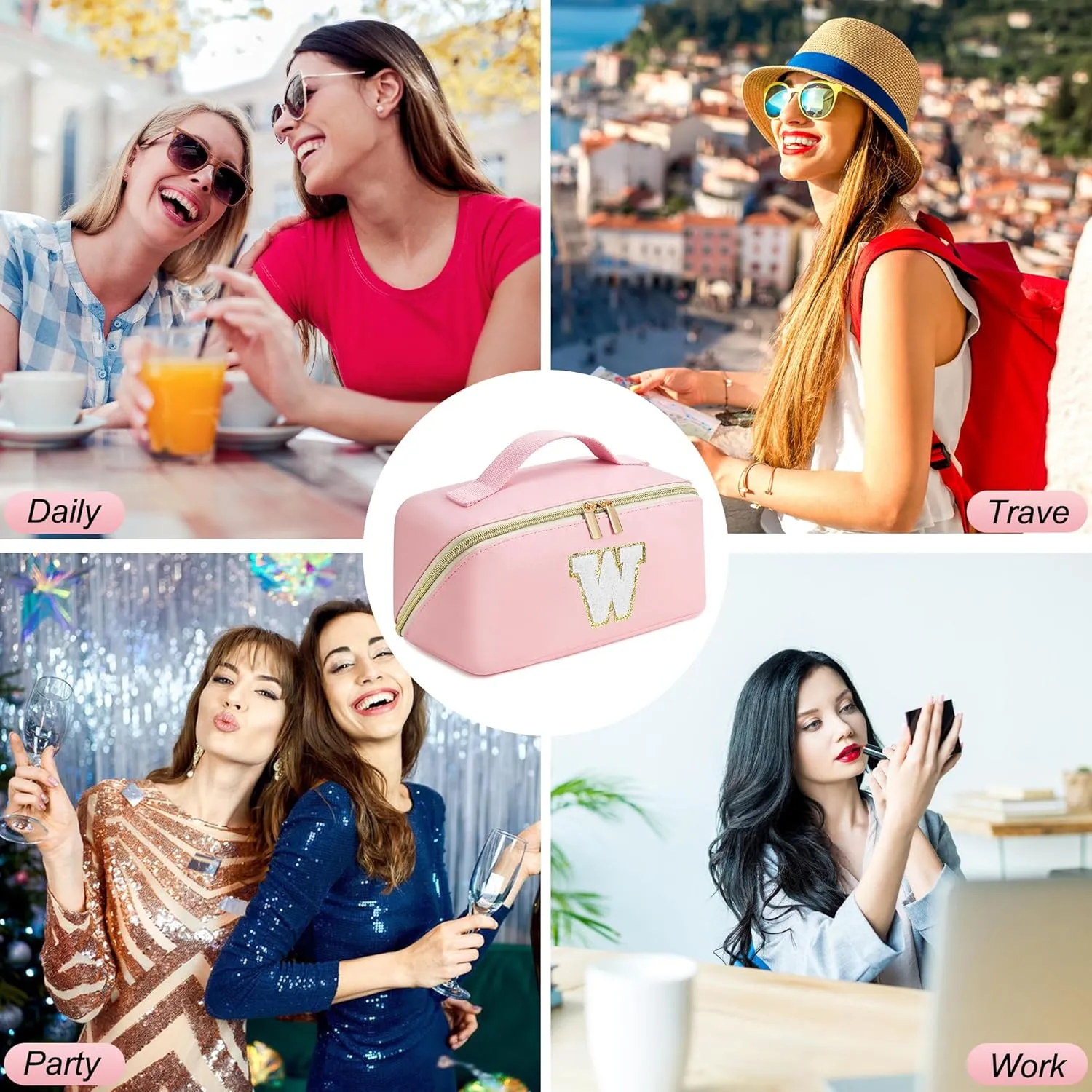Pink Makeup Bag for Women, PU Leather Travel Toiletry Bags, Initial Make Up Cosmetic Pouch for Teen Girls, Wide Open Portable Skincare Bag, Personalized Birthday Graduation Gifts Ideal, A