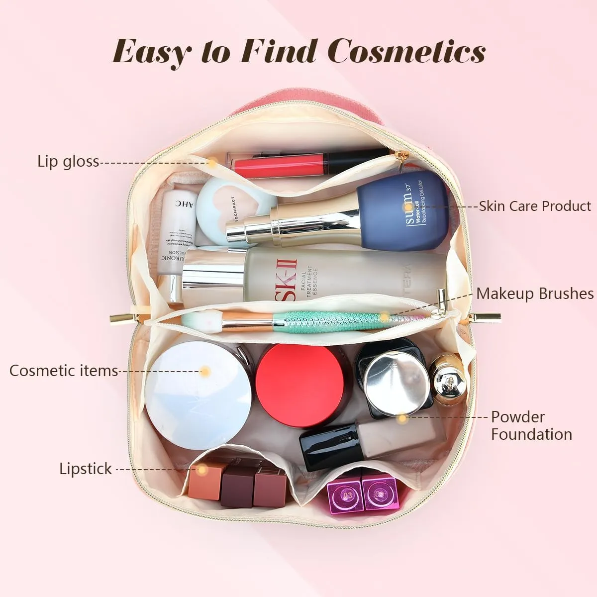 Pink Makeup Bag for Women, PU Leather Travel Toiletry Bags, Initial Make Up Cosmetic Pouch for Teen Girls, Wide Open Portable Skincare Bag, Personalized Birthday Graduation Gifts Ideal, A