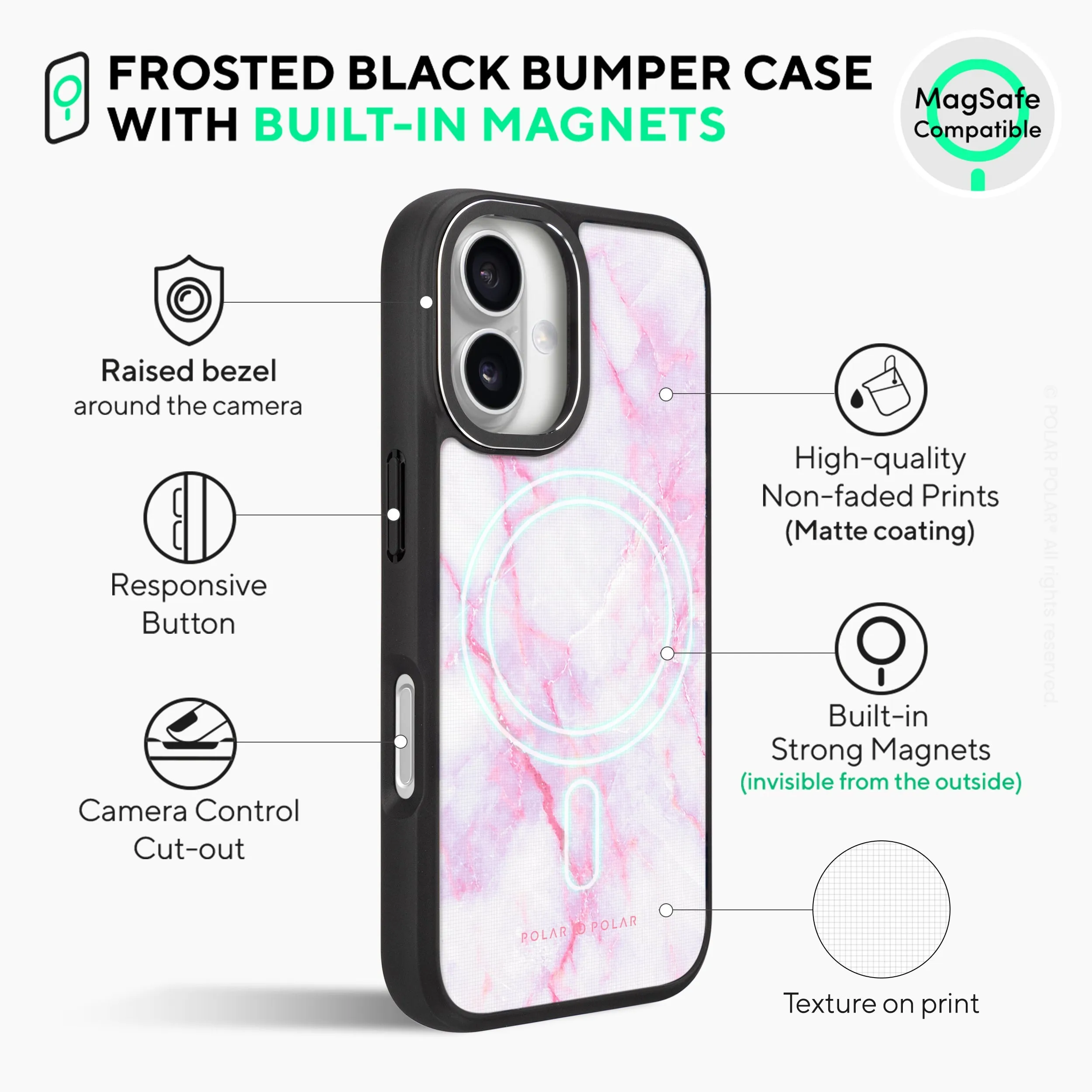 Pink White - iPhone 16 Plus Frosted Black Bumper MagSafe Case