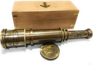 Pirate Brass Telescope, Spyglass Collapsible Monocular Decorative Telescope with Glass Optics for Travel, Hiking, Hunting, Navigation with High Resolution, with Lid and Antique Finish