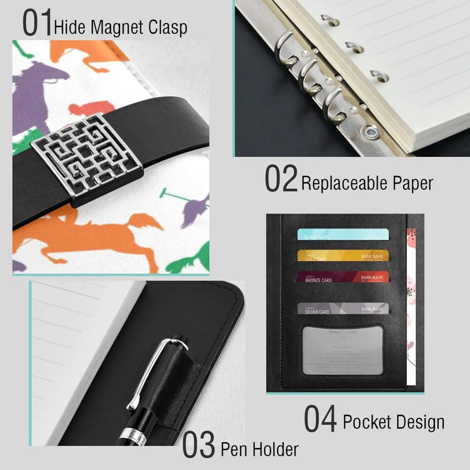 Players on Horseback A5 Binder 6 Ring Refillable PU Leather Notebook Journal with Magnetic Buckle Closure Loose Leaf Travel Office Planner Budget Binder Notepad Portfolio,