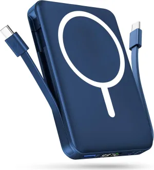 podoru for Magsafe Battery Pack, 10000mAh Magnetic Power Bank Built-in USB C Lighting Cables 22.5W PD Fast Charging LED Display Wireless Portable Charger for iPhone 16/15/14/13/12 All Series-Navy Blue