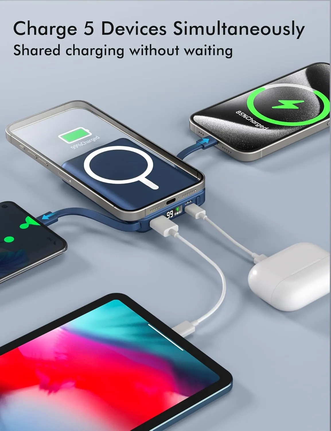 podoru for Magsafe Battery Pack, 10000mAh Magnetic Power Bank Built-in USB C Lighting Cables 22.5W PD Fast Charging LED Display Wireless Portable Charger for iPhone 16/15/14/13/12 All Series-Navy Blue