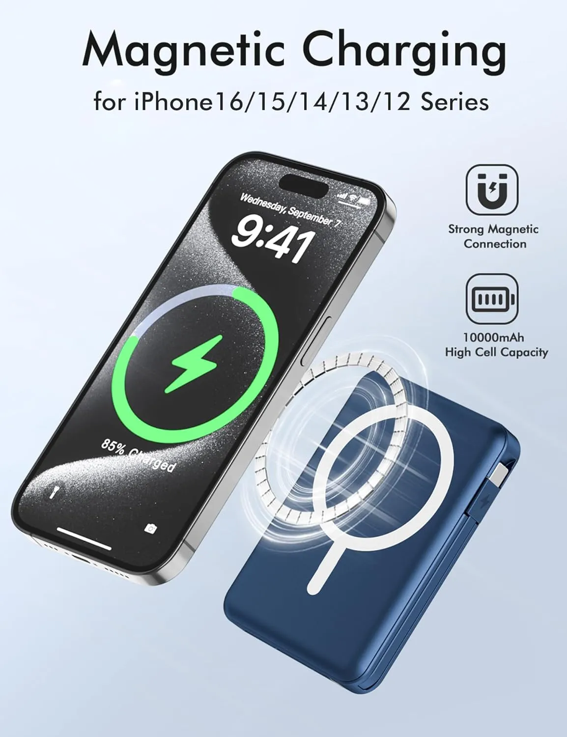 podoru for Magsafe Battery Pack, 10000mAh Magnetic Power Bank Built-in USB C Lighting Cables 22.5W PD Fast Charging LED Display Wireless Portable Charger for iPhone 16/15/14/13/12 All Series-Navy Blue