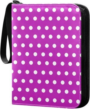 Polka Dots Purple White Card Binder 4 Pocket Trading Card Album Fits 400 Sports/Game Cards, PU Cover 3 Ring Card Collection with 50 Removable Sleeves