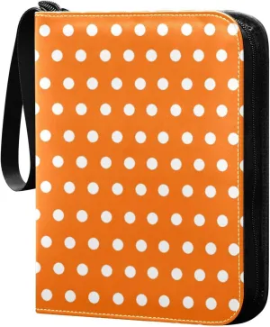 Polka Dots White Orange Card Binder 4 Pocket Trading Card Album Fits 400 Sports/Game Cards, PU Cover 3 Ring Card Collection with 50 Removable Sleeves