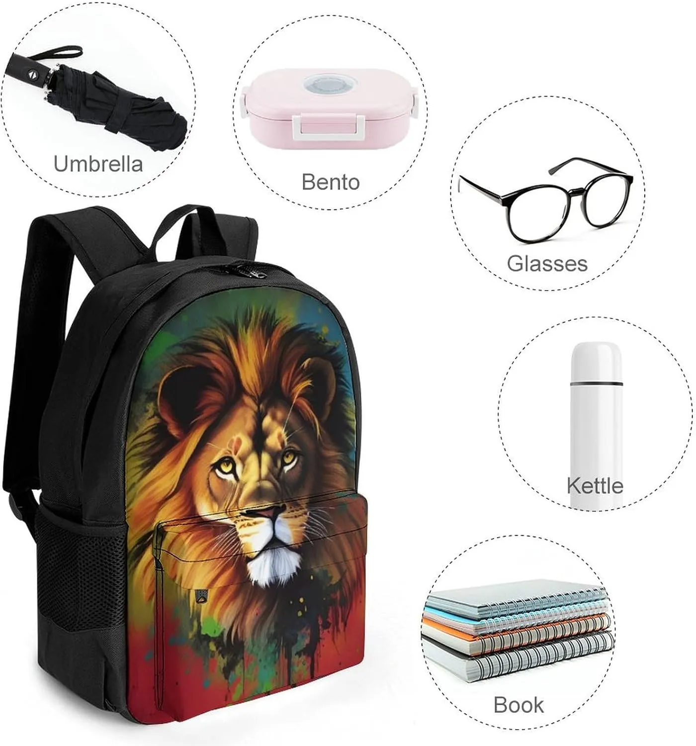 Polyester Daypack Backpack for Trekking Picnic Walking Cycling - Large Capacity Anti-Theft Multipurpose Shoulder Bag, Lion Splatter Painting Casual Daypack