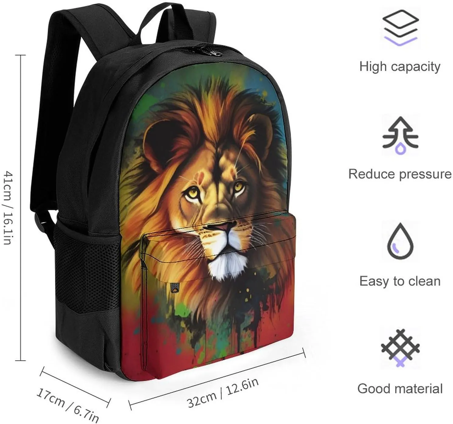 Polyester Daypack Backpack for Trekking Picnic Walking Cycling - Large Capacity Anti-Theft Multipurpose Shoulder Bag, Lion Splatter Painting Casual Daypack
