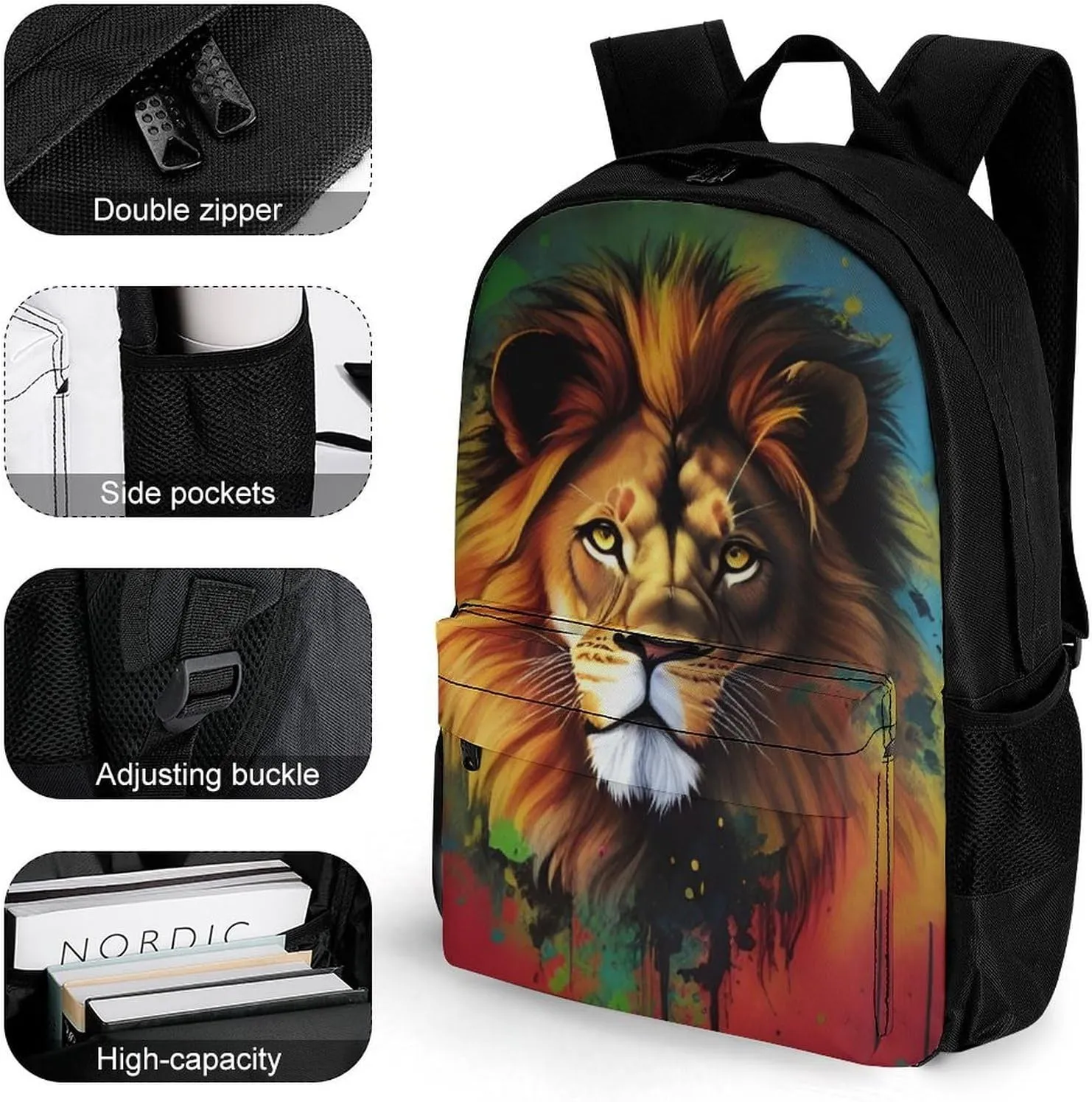 Polyester Daypack Backpack for Trekking Picnic Walking Cycling - Large Capacity Anti-Theft Multipurpose Shoulder Bag, Lion Splatter Painting Casual Daypack