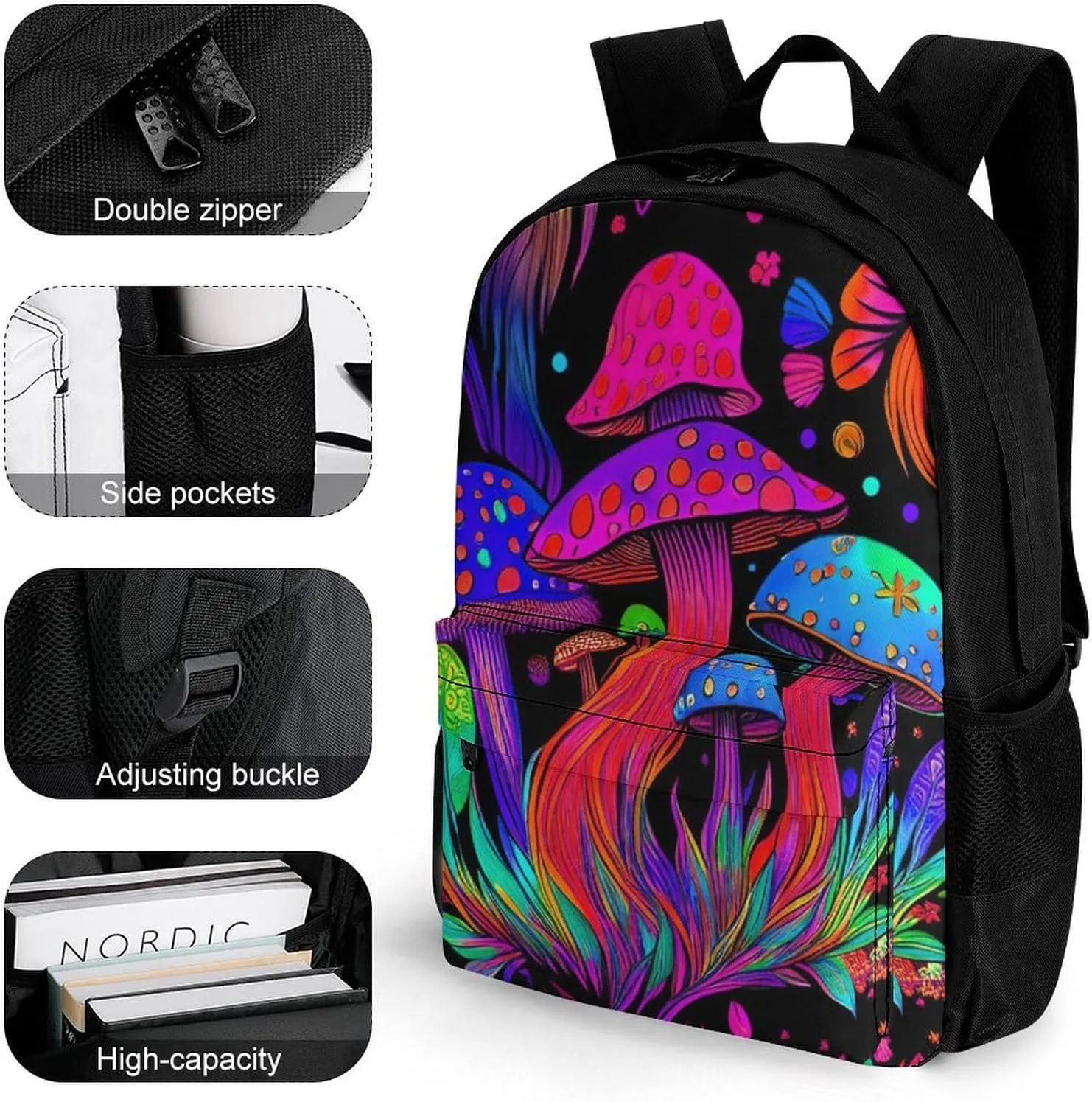 Polyester Daypack Bookbag for Gym Business Bicycle - Large Capacity Multipurpose Anti-Theft Carry On Bag, Psychedelic Mushroom Trippy Magic Art Travel Hiking Daypack