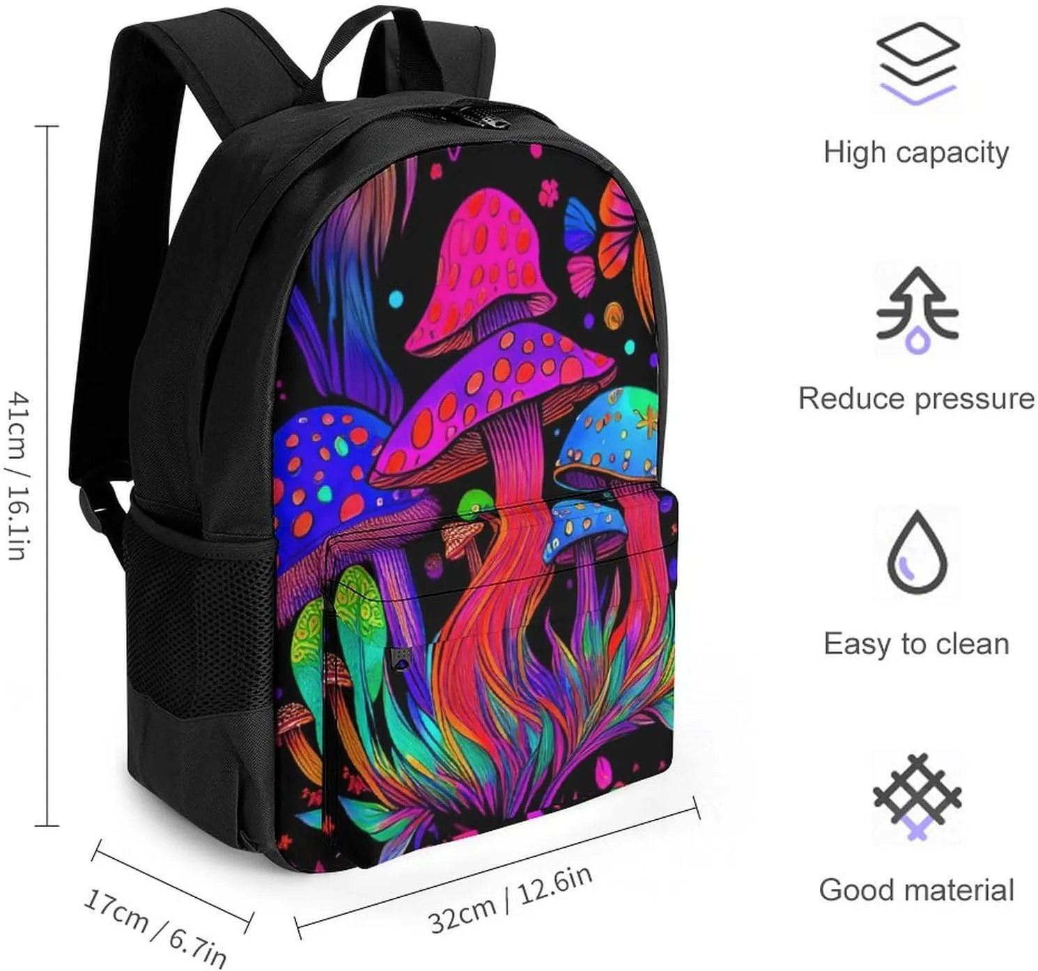 Polyester Daypack Bookbag for Gym Business Bicycle - Large Capacity Multipurpose Anti-Theft Carry On Bag, Psychedelic Mushroom Trippy Magic Art Travel Hiking Daypack