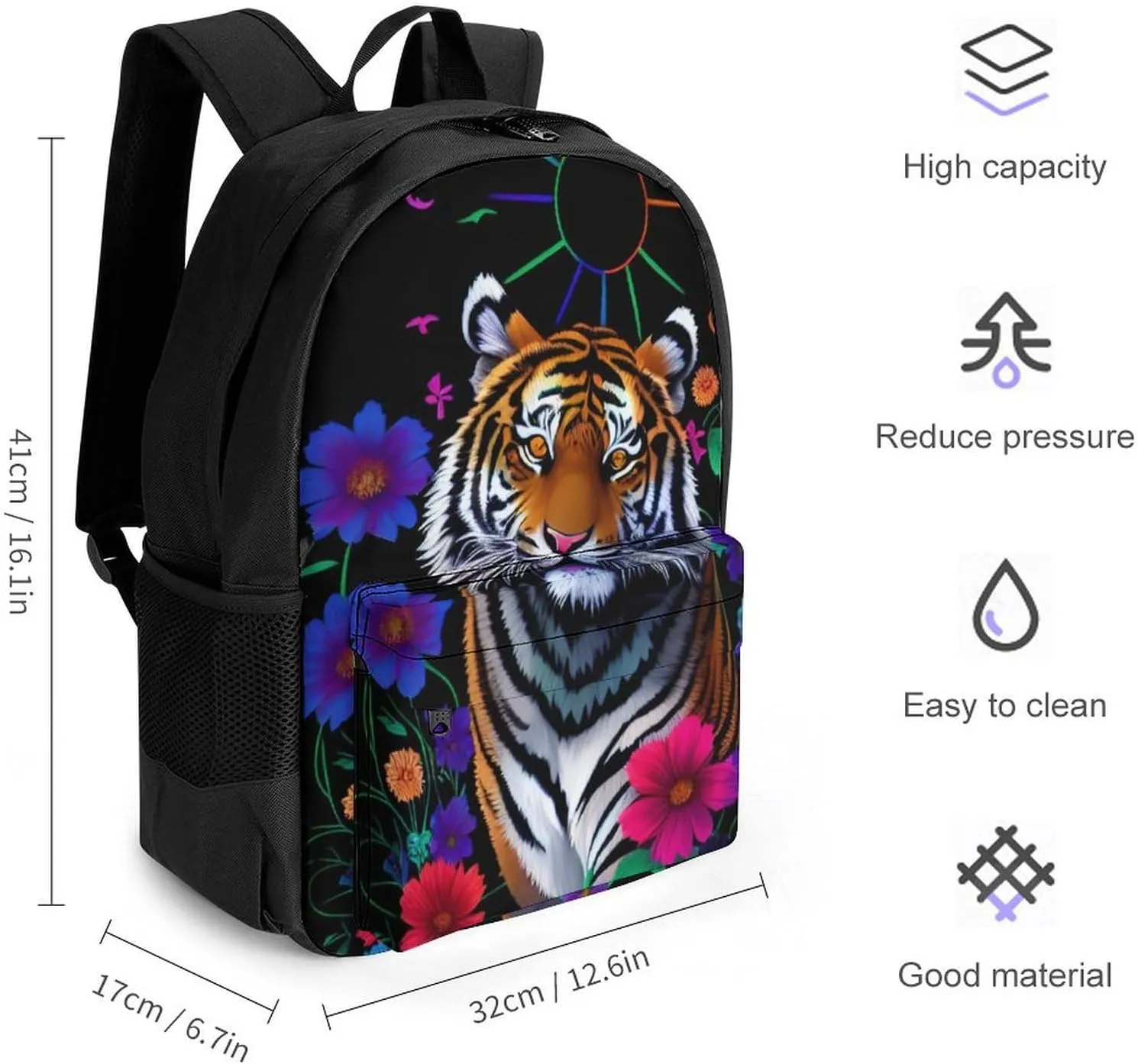 Polyester Daypack Bookbag for Gym Business Bicycle - Large Capacity Multipurpose Anti-Theft Carry On Bag, Trippy Tiger Animal Flower Art Travel Hiking Daypack