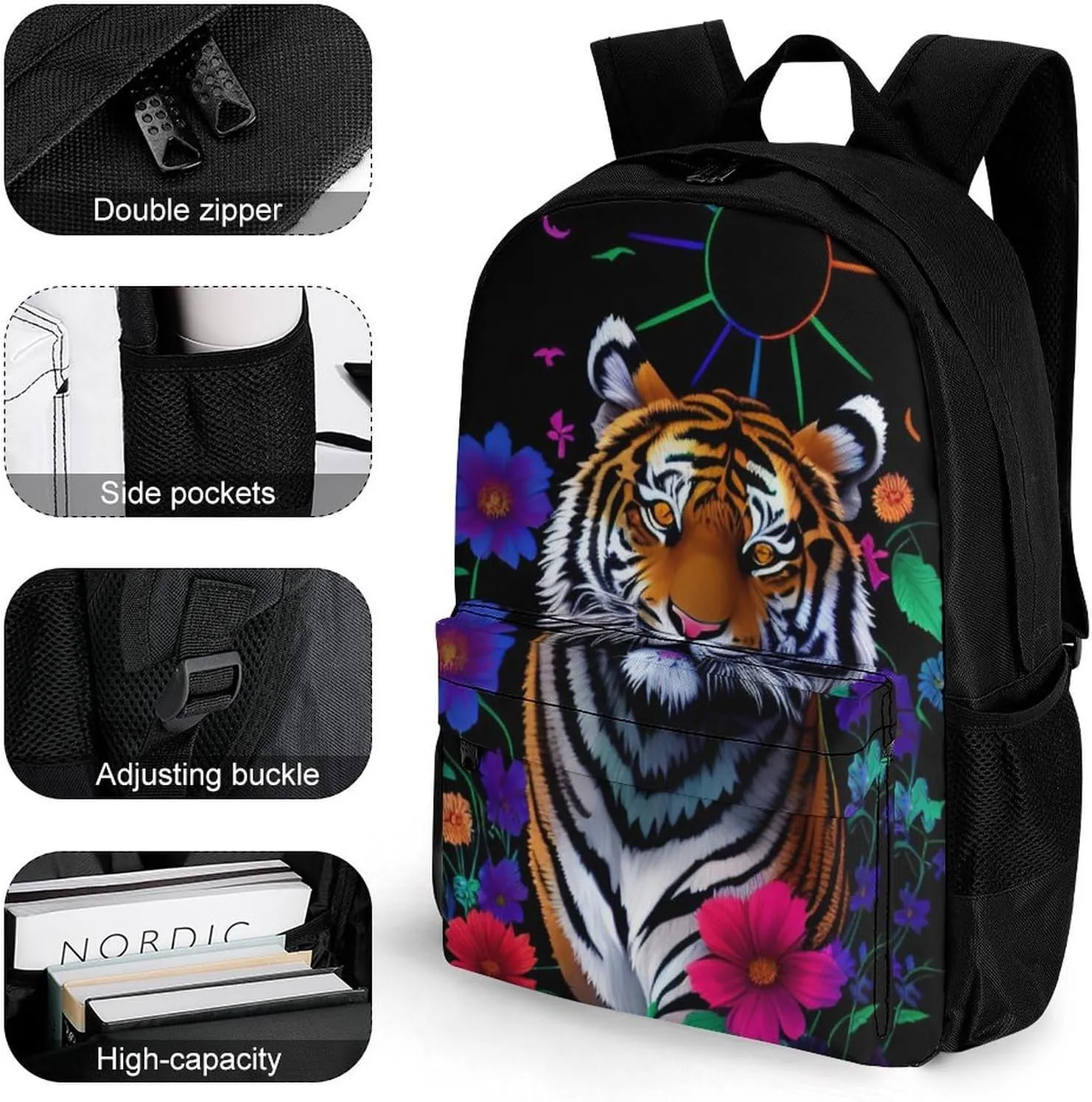 Polyester Daypack Bookbag for Gym Business Bicycle - Large Capacity Multipurpose Anti-Theft Carry On Bag, Trippy Tiger Animal Flower Art Travel Hiking Daypack