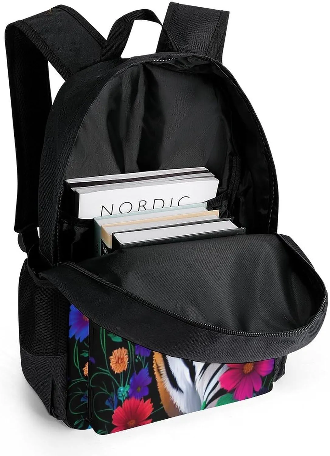 Polyester Daypack Bookbag for Gym Business Bicycle - Large Capacity Multipurpose Anti-Theft Carry On Bag, Trippy Tiger Animal Flower Art Travel Hiking Daypack