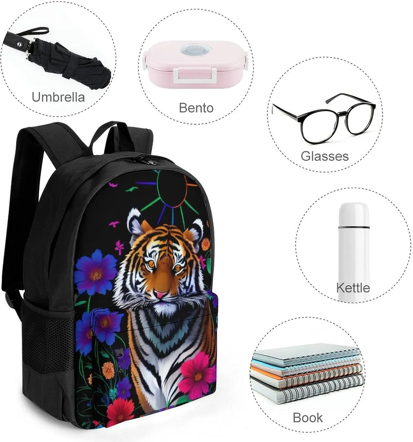 Polyester Daypack Bookbag for Gym Business Bicycle - Large Capacity Multipurpose Anti-Theft Carry On Bag, Trippy Tiger Animal Flower Art Travel Hiking Daypack