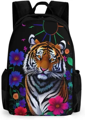 Polyester Daypack Bookbag for Gym Business Bicycle - Large Capacity Multipurpose Anti-Theft Carry On Bag, Trippy Tiger Animal Flower Art Travel Hiking Daypack