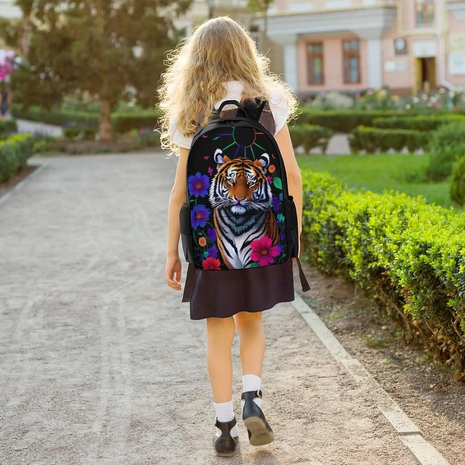 Polyester Daypack Bookbag for Gym Business Bicycle - Large Capacity Multipurpose Anti-Theft Carry On Bag, Trippy Tiger Animal Flower Art Travel Hiking Daypack