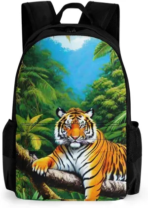 Polyester Daypack for Camping Travel Walking Cycling - Big Capacity Anti-Theft Multipurpose Bookbag, King Of The Tiger Tropical Rainforest Landscape Jungle Art Camping Outdoor Backpack