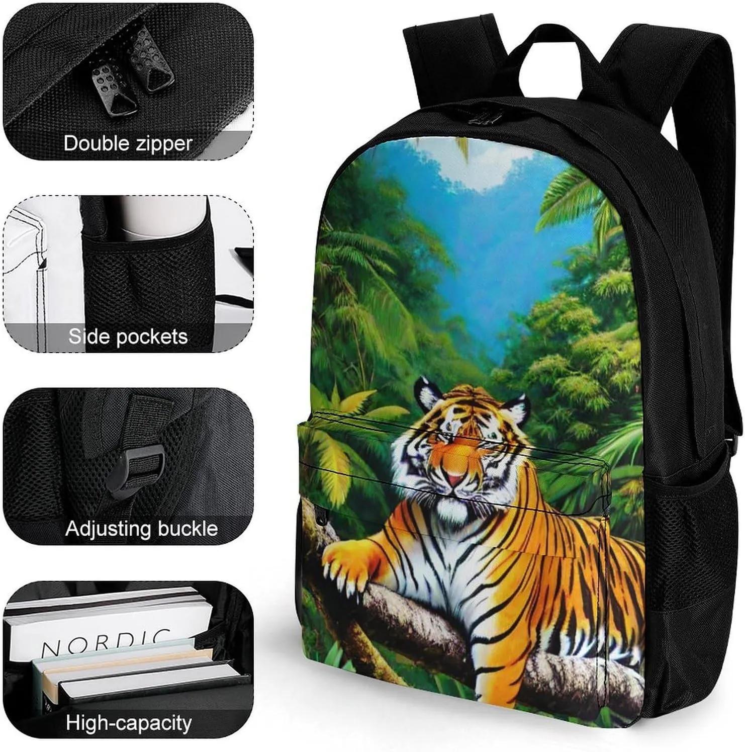 Polyester Daypack for Camping Travel Walking Cycling - Big Capacity Anti-Theft Multipurpose Bookbag, King Of The Tiger Tropical Rainforest Landscape Jungle Art Camping Outdoor Backpack