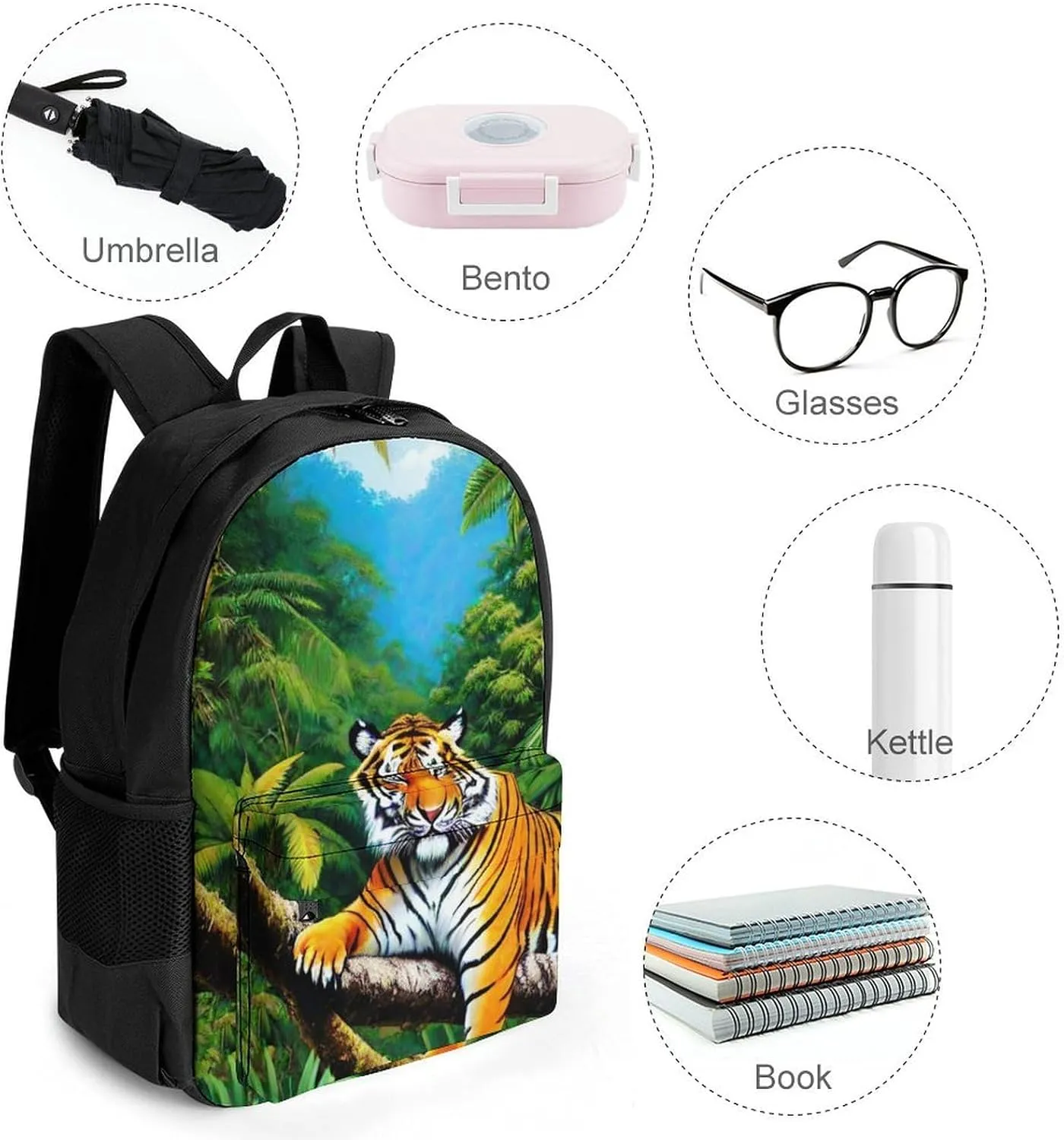 Polyester Daypack for Camping Travel Walking Cycling - Big Capacity Anti-Theft Multipurpose Bookbag, King Of The Tiger Tropical Rainforest Landscape Jungle Art Camping Outdoor Backpack