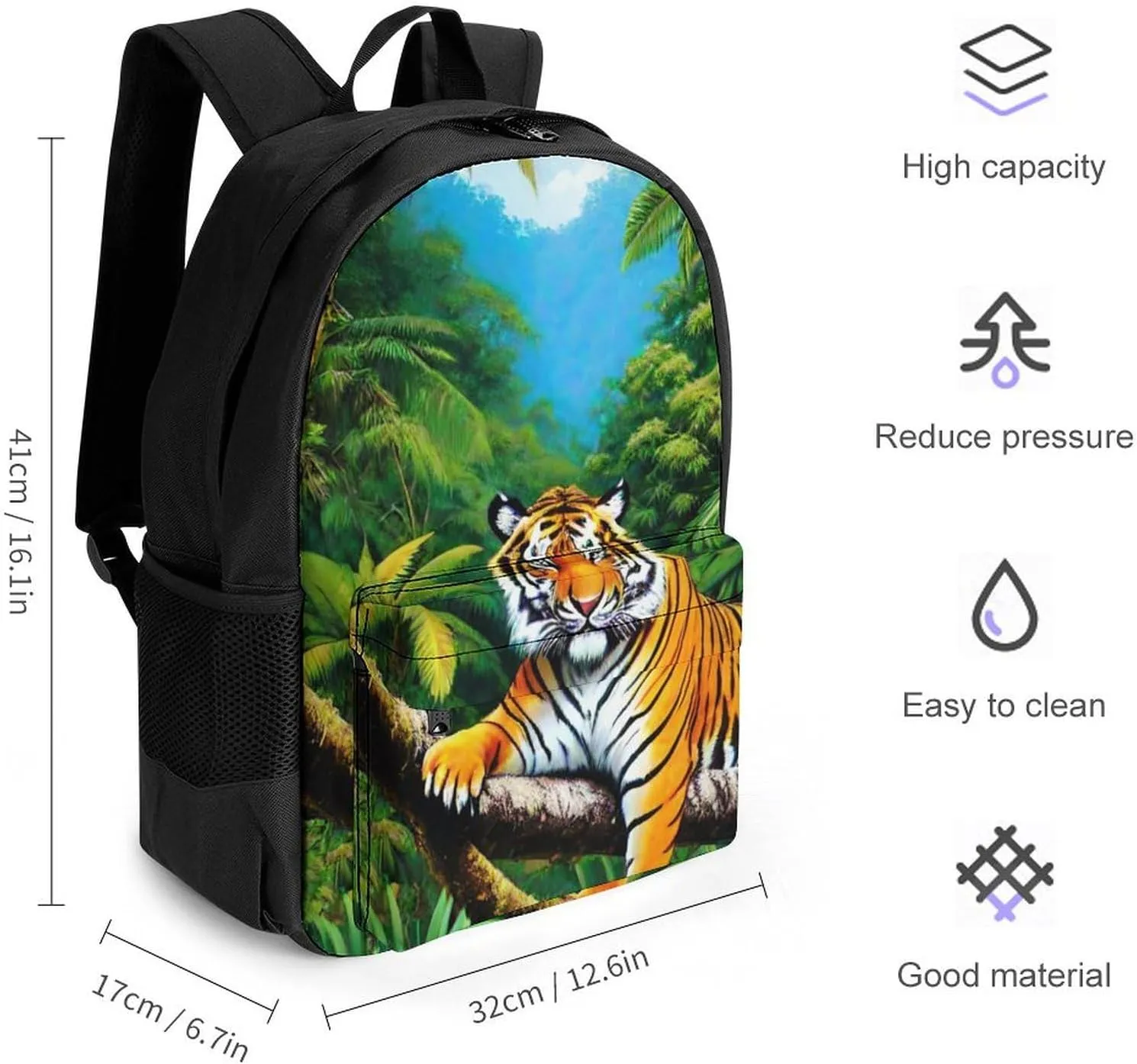 Polyester Daypack for Camping Travel Walking Cycling - Big Capacity Anti-Theft Multipurpose Bookbag, King Of The Tiger Tropical Rainforest Landscape Jungle Art Camping Outdoor Backpack